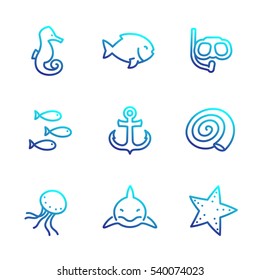 Sea line icons isolated over white, shark, fish, shell, seahorse, medusa, starfish, anchor, diving mask