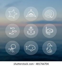 Sea line icons set, round transparent pictograms, vector illustration