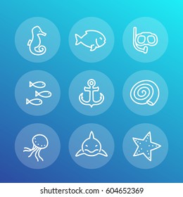 Sea line icons set, shark, fish, shell, seahorse, medusa, starfish, anchor, diving mask