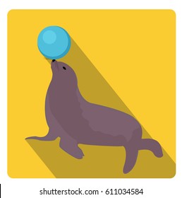 Sea lion with a ball, circus icon flat style with long shadows, isolated on white background. Vector illustration