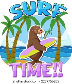 Sea lion carton character with surf time word illustration