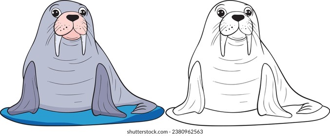 Sea Lion cartoon. Black and white lines. Coloring page for kids. Activity Book.