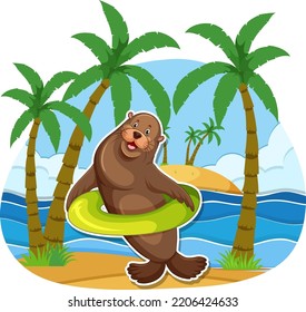 Sea lion cartoon character at the beach illustration