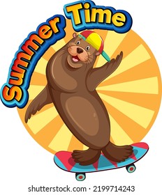 Sea lion cartoon character with summer time word illustration