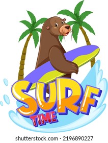 Sea lion cartoon character with surf time word illustration
