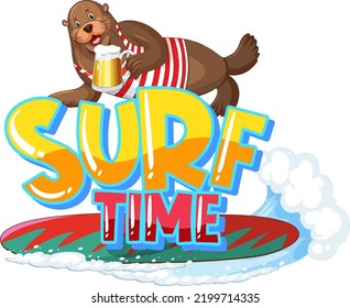 Sea lion cartoon character with surf time word illustration