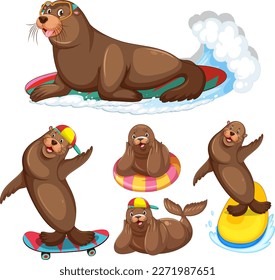 Sea Lion Cartoon Characters in Summer Theme illustration