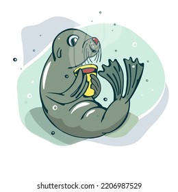 Sea lion with cup of hot drink in blue water background. Cartoon style. Vector funny picture. For apparel, textile, notebook.