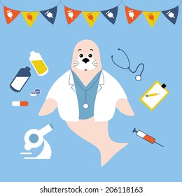 Sea Lion In Doctor Costume And Equipment