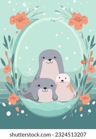 Sea lion family with natural pastel border cartoon for book cover, e-book, reading book, writing book and sketch drawing book in vertical flat wallpaper background vector illustration