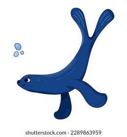 Sea lion, Fur seal cartoon vector illustration blue color with air bubble. Isolated Ocean dweller. Elements for icon, cover, print, book illustration, poster, card, web element, card for children.