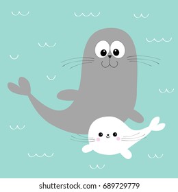 Sea lion. Harp seal pup. Cute cartoon character. Happy animal collection. Sea ocean water. Mother and baby family. Blue wave background. Flat design Vector illustration