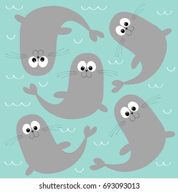 Sea lion. Harp seal pup. Cute cartoon character. Happy animal collection. Sea ocean water wave. Mother and baby family. Blue background. Flat design Vector illustration