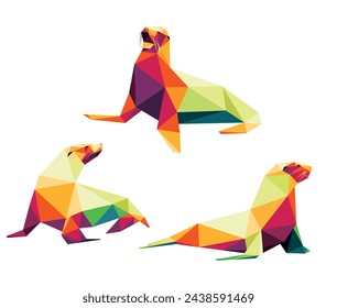 Sea Lion Illustration Set in Colorful Polygonal low poly. Seal in Colorful abstract Vector. Collection of Sea Lion Colorful Logo