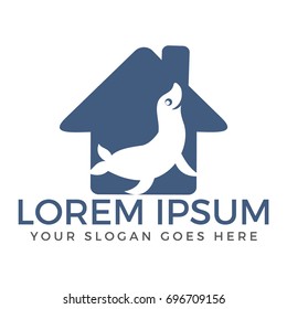 Sea lion logo design. Seal animal logo. Home shaped sign.