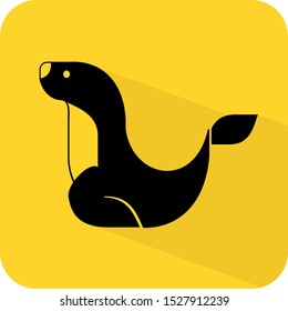 Sea lion logo. Walrus or otter. Arctic marine ecosystem. Sea animal conservation sign. Flat 3D shadow. yellow background black vector. product brand service label banner board display. App icon.