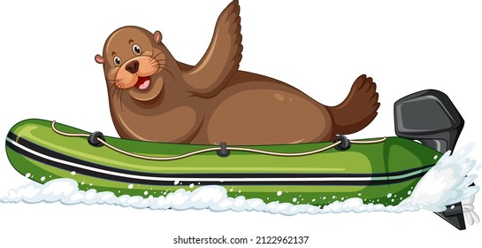 Sea lion on a motor boat in cartoon style illustration