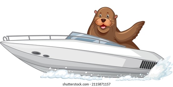 Sea lion on speed boat in cartoon style illustration