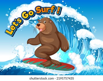 Sea lion on surfboard in the ocean illustration