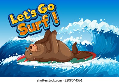 Sea lion on surfboard in the ocean illustration