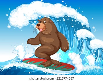Sea lion on surfboard in the ocean illustration