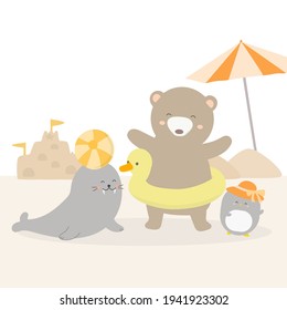 sea lion playing ball, bear in duck shaped raft, penguin wearing lady hat standing under umbrella on beach, Hand drawn style flat vector illustration, Cartoon Character in Summer holidays concept