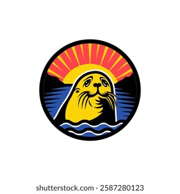 Sea Lion or Seal Mascot in beach with sunset Background. A mascot logo for hawaii, maui tourism, seafood, bar or restaurant, surf company logo.