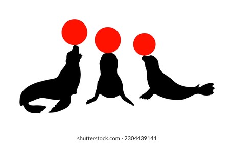 Sea lion seal shape, playing with ball circus attraction entertainment. Harbor seal family vector silhouette illustration isolated on white background. Seal baby. Ocean winter animal symbol.