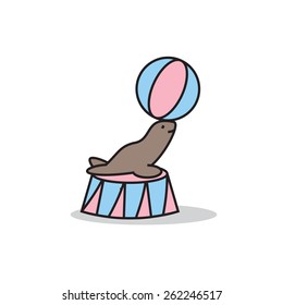 Sea lion seal show balancing the ball. Vector illustration.