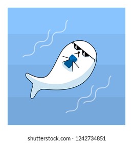 Sea lion wear glasses floating and using smartphone chatting in the ocean, vector illustration.