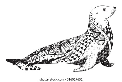 Sea lion zentangle stylized, seal, vector, illustration, freehand pencil, hand drawn, pattern