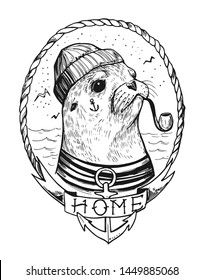 Sea lionl with a smoking pipe in a sailor suit. Prints for T-shirts. Tattoo sketch.