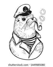 Sea lionl with a smoking pipe in a sailor suit. Prints for T-shirts. Tattoo sketch.