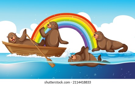 Sea lions animal cartoon in the water with rainbow illustration