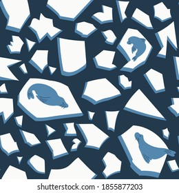 Sea lions on ice floe childish vector  seamless pattern for kids - for fabric, wrapping, textile, wallpaper, background.