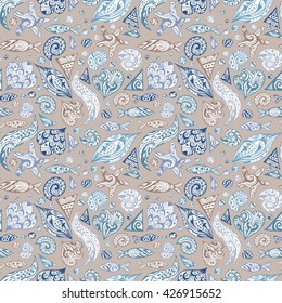 Sea Live Vintage Vector Pattern | Seamless sketch marine texture in blue, purple and beige colors with ocean animals and waves hand-painted outline illustrations for textile and wallpaper design