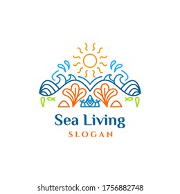 Sea living with sun, coral and wave illustration in line style