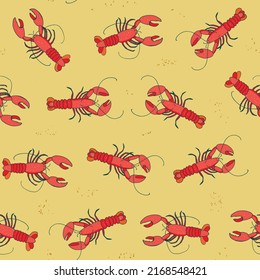 Sea lobster animal vector seamless pattern.