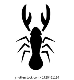 Sea lobster, shrimp with big claws, shellfish, sea animal, silhouette, vector, illustration, in black and white color, isolated on white background