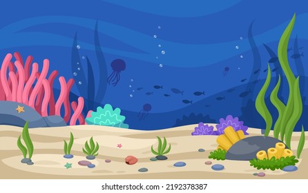 Sea location. Cartoon underwater background with fish silhouettes, colorful seaweeds sand and stones. Game bright water vector background