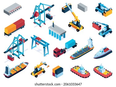 Sea logistic color set of railway platform equipment for cargo transshipment water transport isometric icons isolated vector illustration