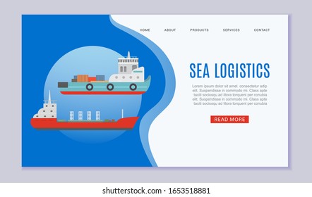 Sea logistics cargo ship web vector template illustration. Seagoing freight transport with loaded container ship. Global cargo shipping sea logistics website or landing page.