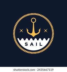 Sea logo with anchor and waves over dark background. Vector illustration in flat style. Suitable for retro sailing or ocean identity.