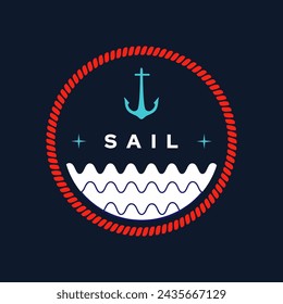 Sea logo with anchor and waves over red rounded line. Vector illustration in flat style. Suitable for retro sailing or ocean identity.
