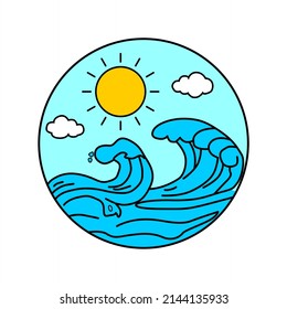 ondas azules y arte de líneas vectoriales de sol