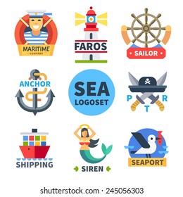 Sea Logo Set. Pirate, Lighthouse, Seagull, Lifeline, Anchor, Mermaid, Ship. Vector Flat Logos And Icon Set