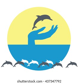 The sea logo. Triangle design sun and sea. Dolphin in hand and yellow sun and blue sea travel logo.
