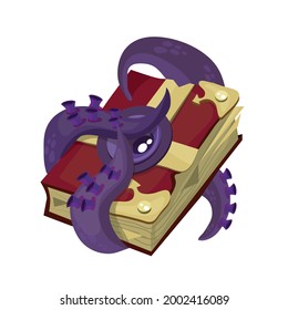 A sea, magic book. Witchcraft. Vector illustration for fairy tales, games, icons. A book of spells. Isolated 3d vector illustration. Occult objects for mystical rituals. Octopus. Marine life.