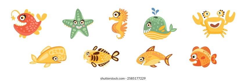 Sea Mammal and Underwater Cute Animal Swim in Ocean Vector Set