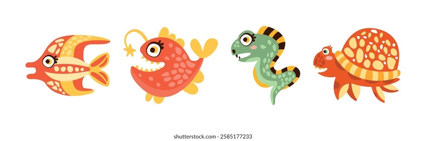 Sea Mammal and Underwater Cute Animal Swim in Ocean Vector Set